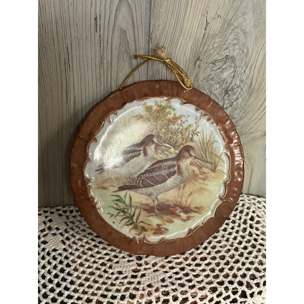 Vintage Joni Woodcock Bird Decorative Wall Hanging Plate Brown Scalloped Rim